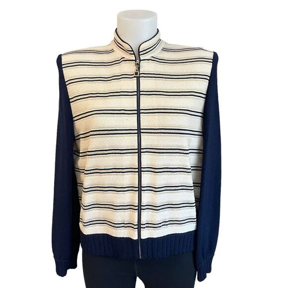 ST. JOHN Collection Striped full zip‎ Bomber Jacket / Coat Navy Cream size 6 - Picture 1 of 11